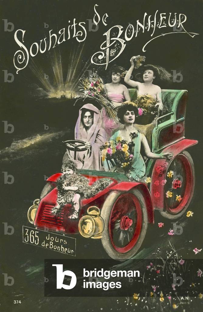 Women throwing flowers from a motor car (colour photo)