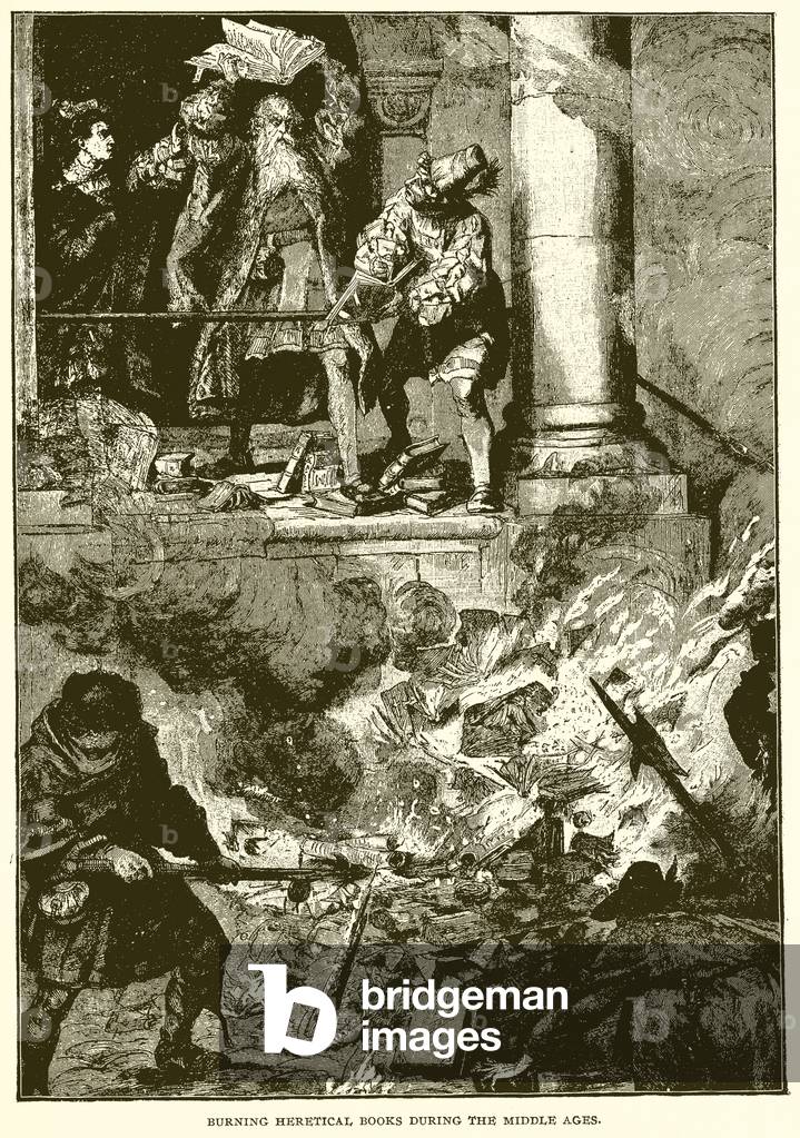 Burning Heretical Books during the Middle Ages (engraving)