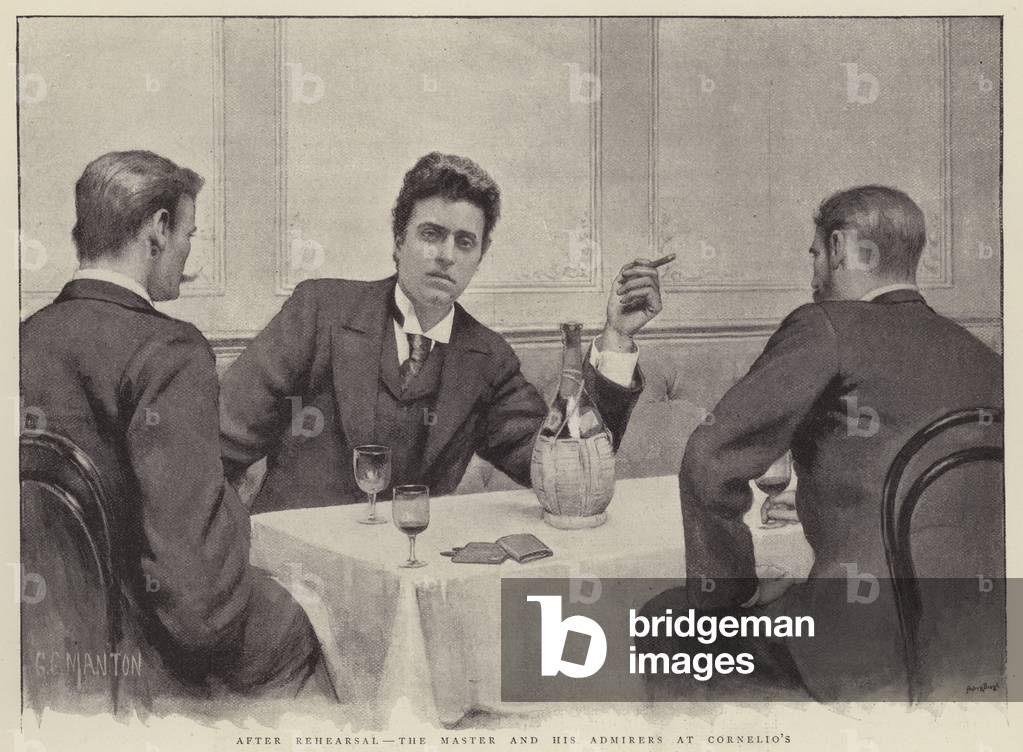 Italian composer Pietro Mascagni enjoying a bottle of wine at Cornelio's restaurant, Florence, Italy, after a rehearsal (litho)