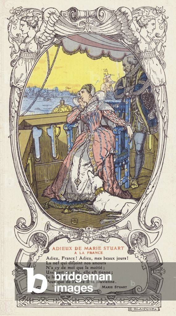 Mary, Queen of Scots, saying farewell to France and returning to Scotland after the death of her husband, King Francis II of France, 1561 (colour litho)