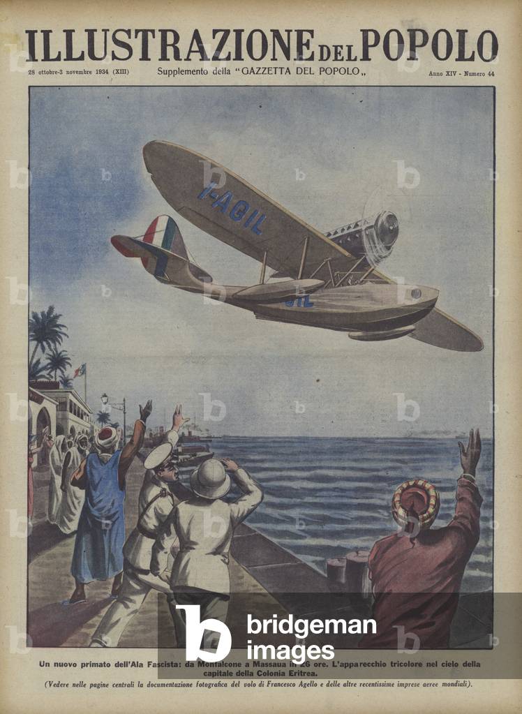 A new record for Fascist aviation: a flight from Monfalcone, Italy to Massawa, Eritrea, in 26 hours (colour litho)