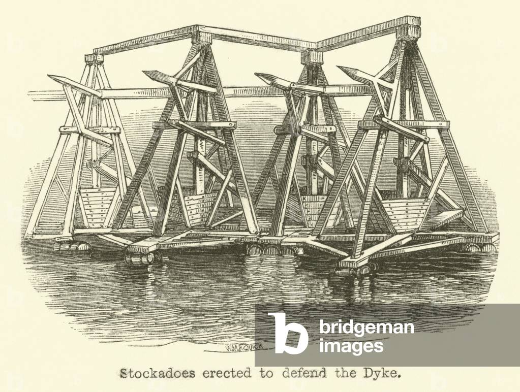 Stockadoes erected to defend the Dyke (engraving)
