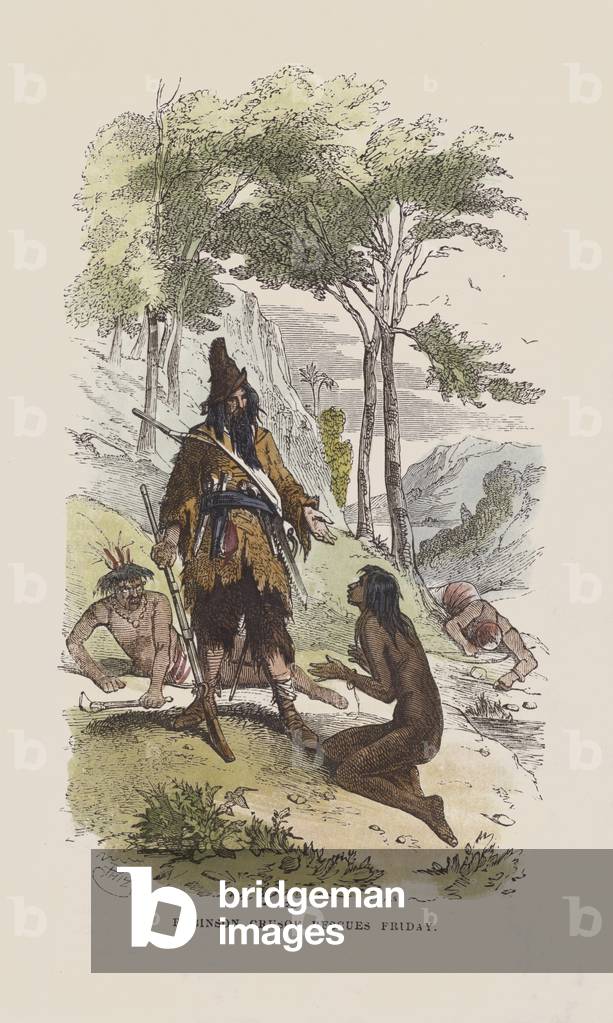 Robinson rescues Friday (coloured engraving)