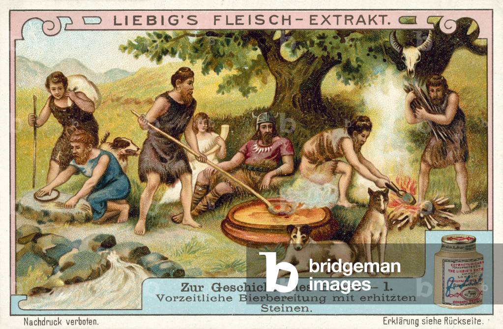 Prehistoric beer production using heated stones (chromolitho)