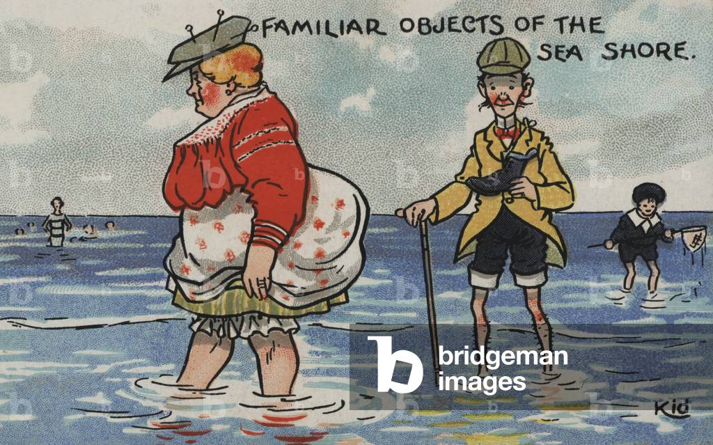 Husband and wife paddling at the beach (colour litho)