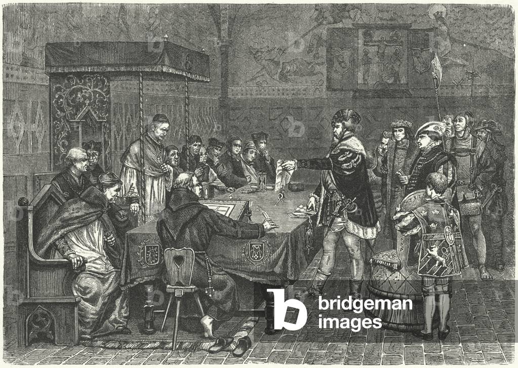 Gustav I Vasa, King of Sweden, confronting Peter Sunnanvader, Bishop of Vasteras, 1527 (engraving)