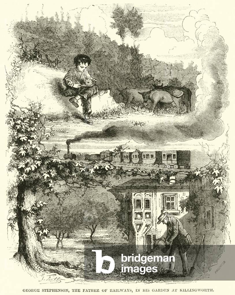 George Stephenson, the Father of Railways, in his garden at Killingworth (engraving)