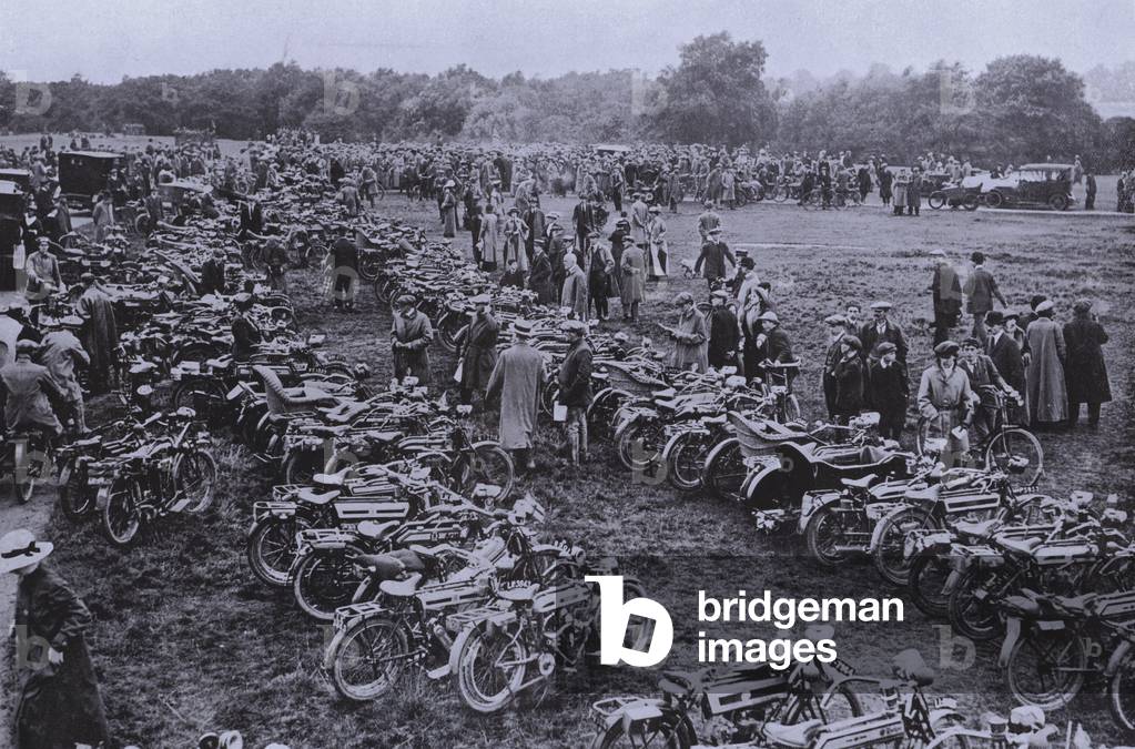 Motorcycles made available by their owners for use by the British Army in the First World War, 1914 (b/w photo)