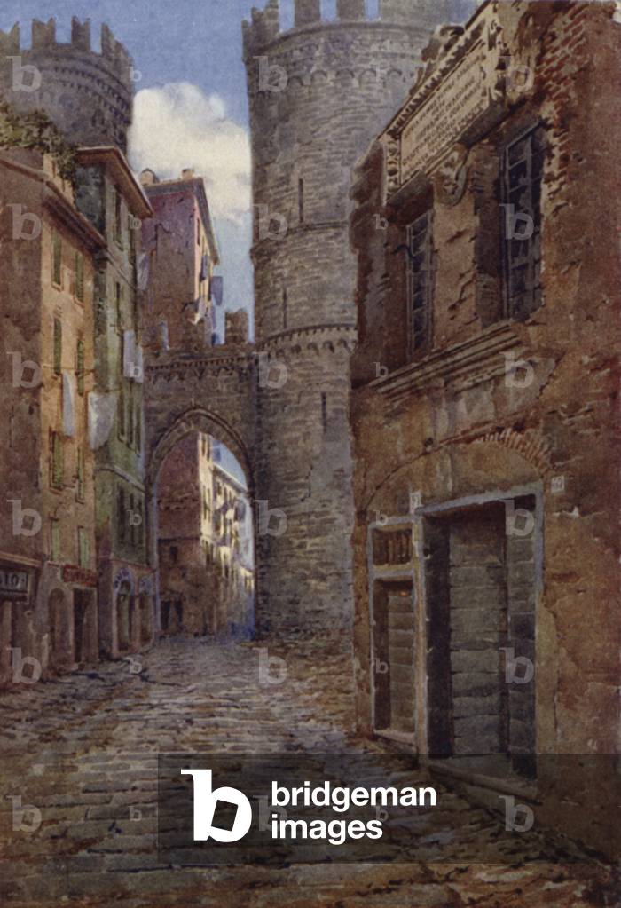 Porta Sovrano, with the house of Christopher Columbus, Genoa (colour litho)