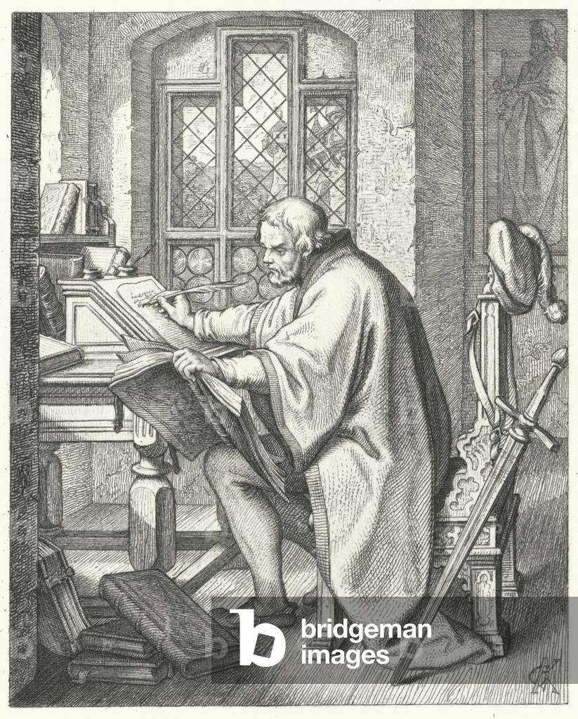 Martin Luther begins the translation of the Bible at Wartburg castle (engraving)