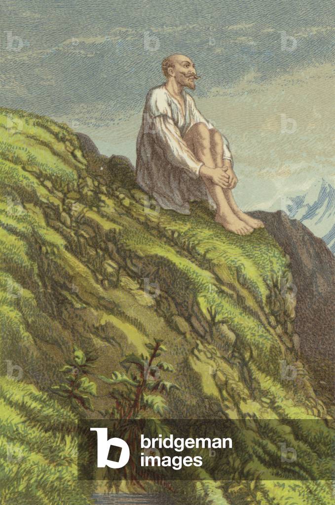 Don Quixote on the Sierra Morena doing penance (chromolitho)