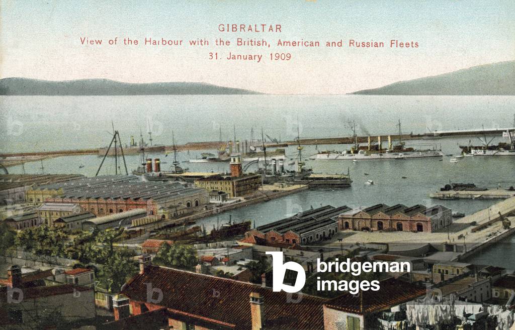 View of the harbour at Gibraltar with the British, American and Russian fleets, 31st January 1909 (coloured photo)