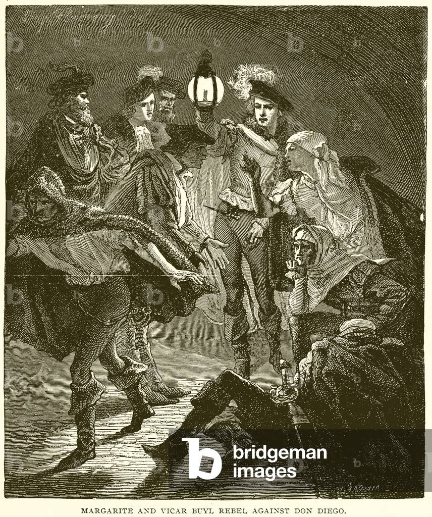 Margarite and Vicar Buyl Rebel against Don Diego (engraving)