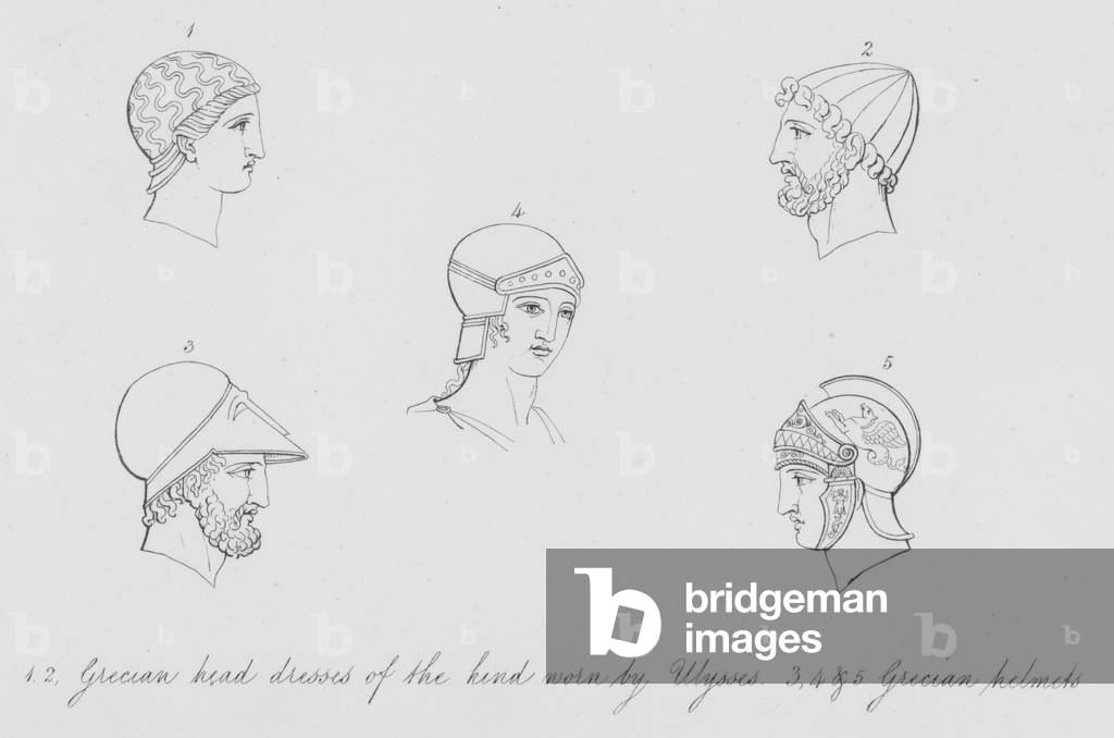 Grecian head dresses of the kind worn by Ulysses, Grecian helmets (engraving)