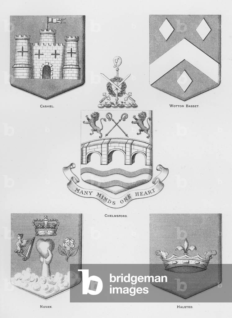 Public arms: Cashel; Wotton Basset; Chelmsford; Navan; Halsted (engraving)
