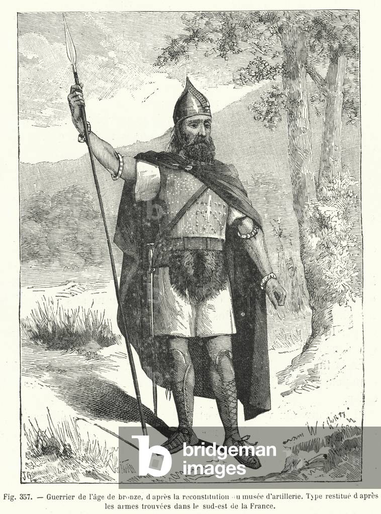 Guerrier de l'age de bronze, d'apres la reconstitution du musee d'artillerie (engraving)