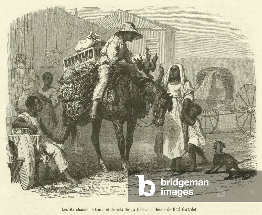 Les Marchands de fruits et de volailles, a Cuba (engraving)