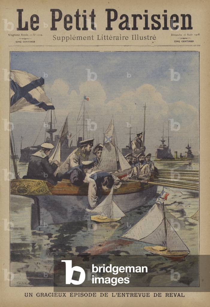 A charming episode during the French President's meeting with Tsar Nicholas II at Revel (colour litho)