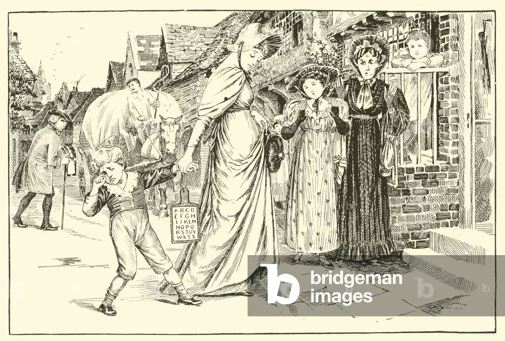 Against the grain, boy resisting going to school (engraving)
