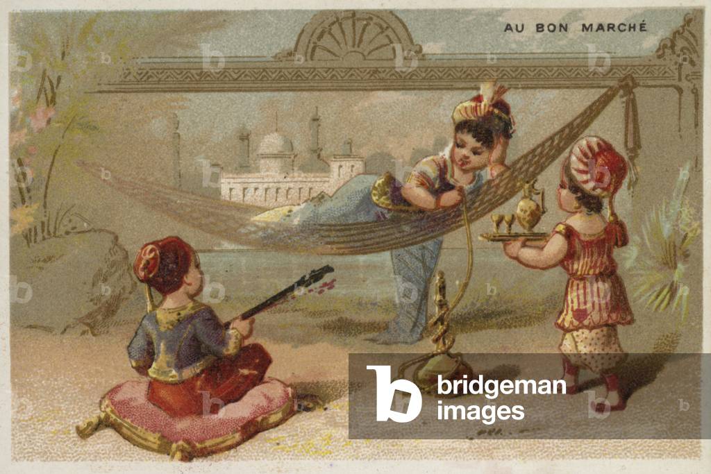 Relaxing in a hammock (chromolitho)
