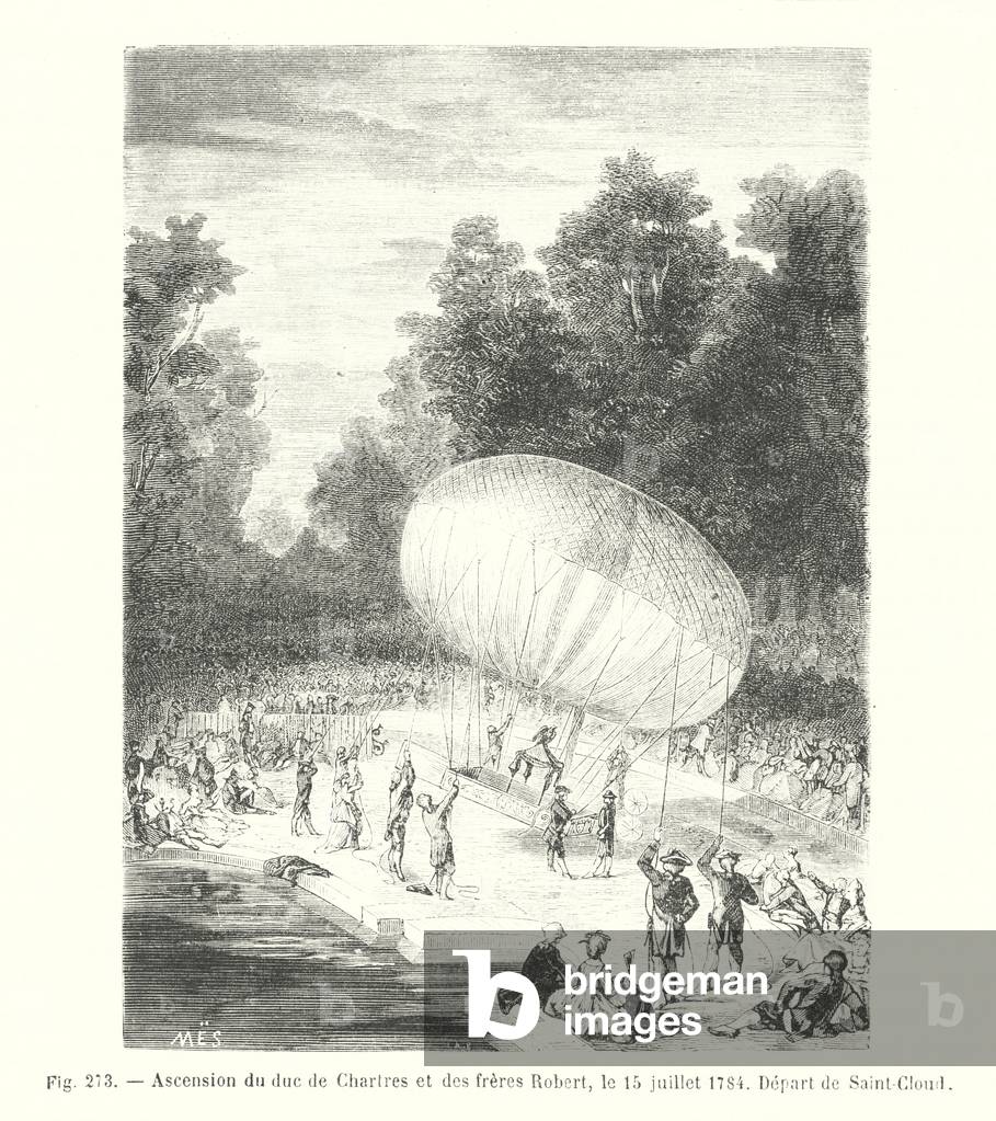 Ascension du duc de Chartres et des freres Robert, le 15 juillet 1784, Depart de Saint-Cloud (engraving)