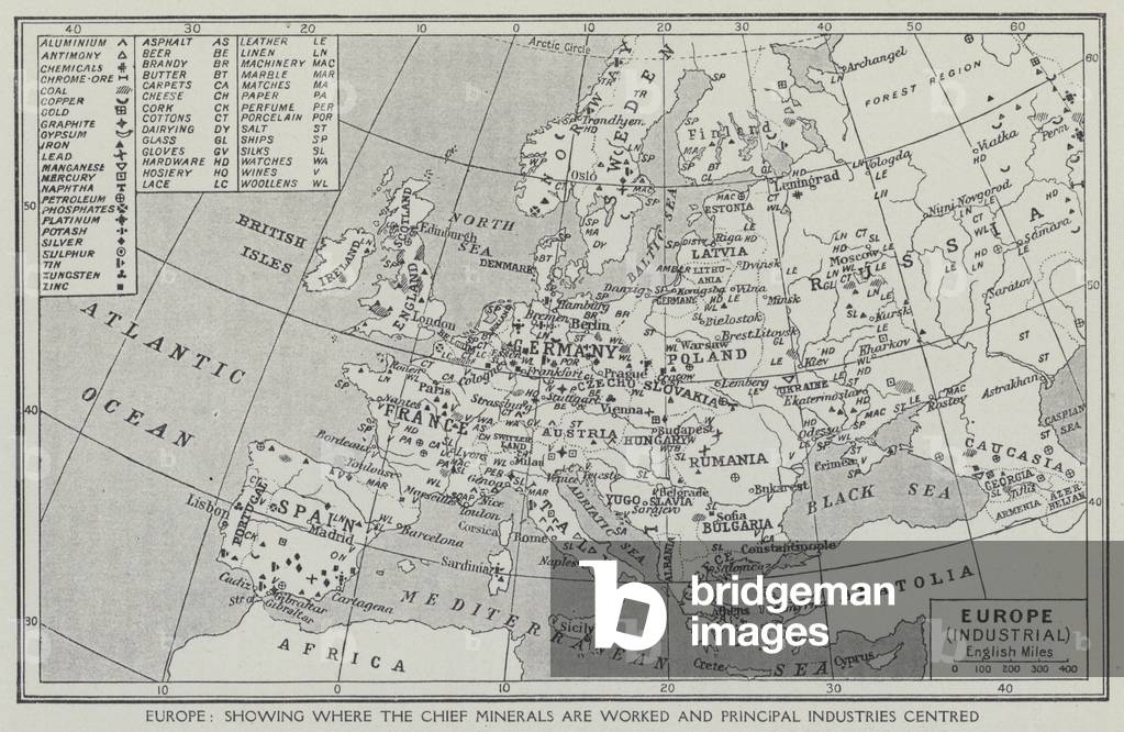 Europe, Showing where the chief minerals are worked and principal industries centred (litho)