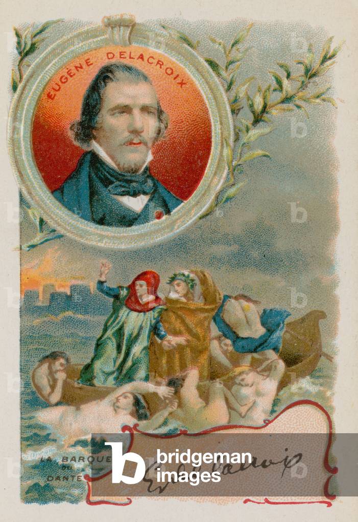 Painter Eugene Delacroix with depiction of Dante and Virgil in Hell (chromolitho)