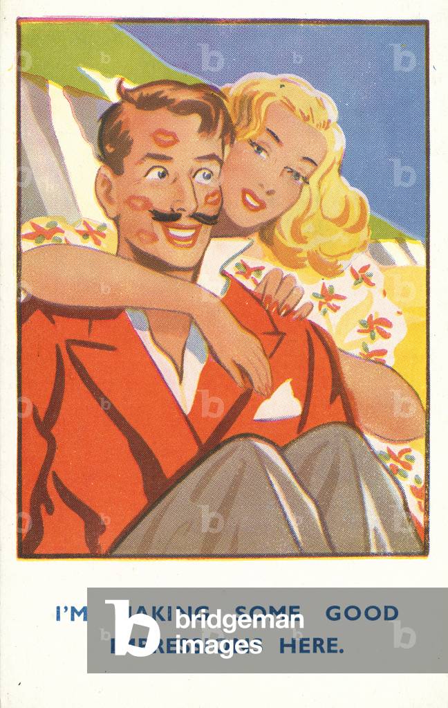 Woman seducing a man (colour litho)