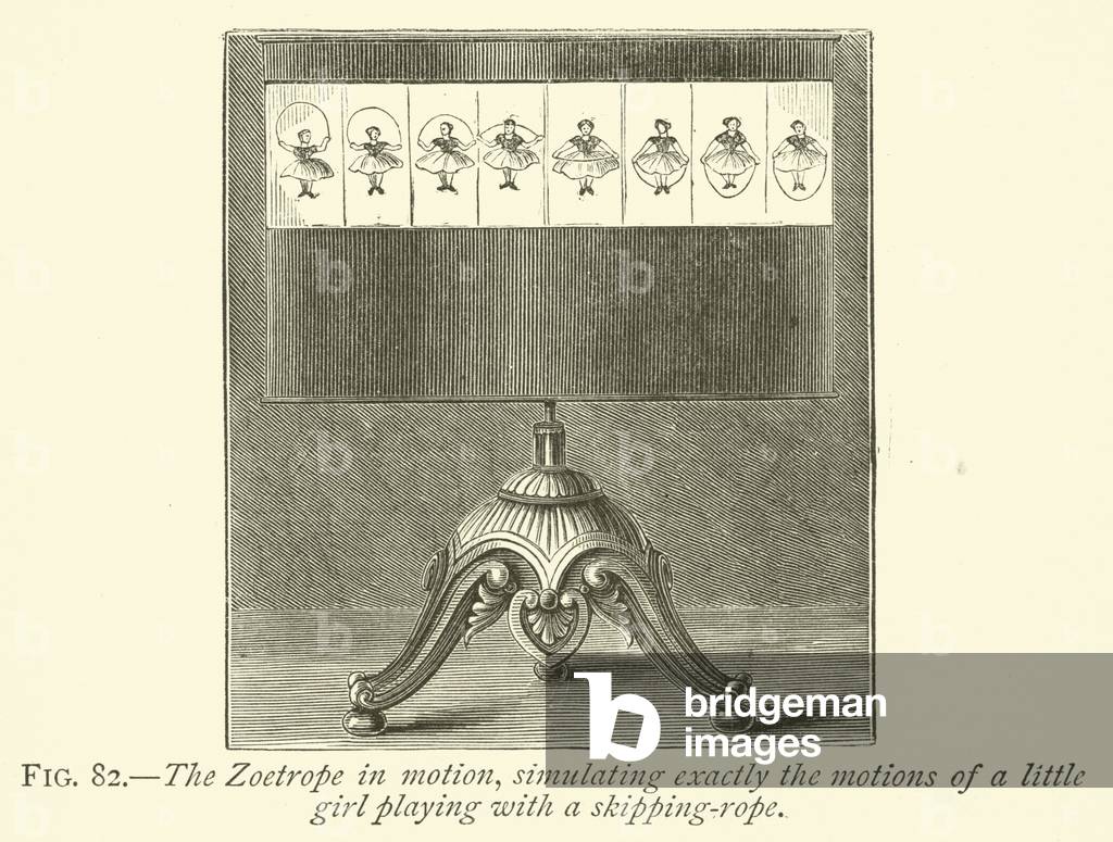 The Zoetrope in motion, simulating exactly the motions of a little girl playing with a skipping-rope (engraving)