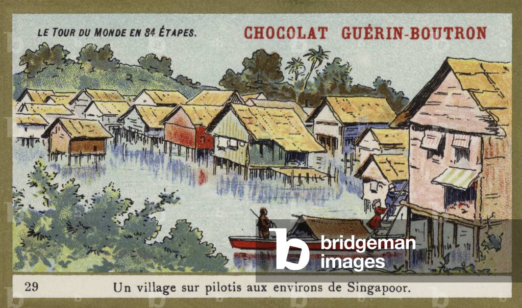 A village on stilts in the area around Singapore (chromolitho)