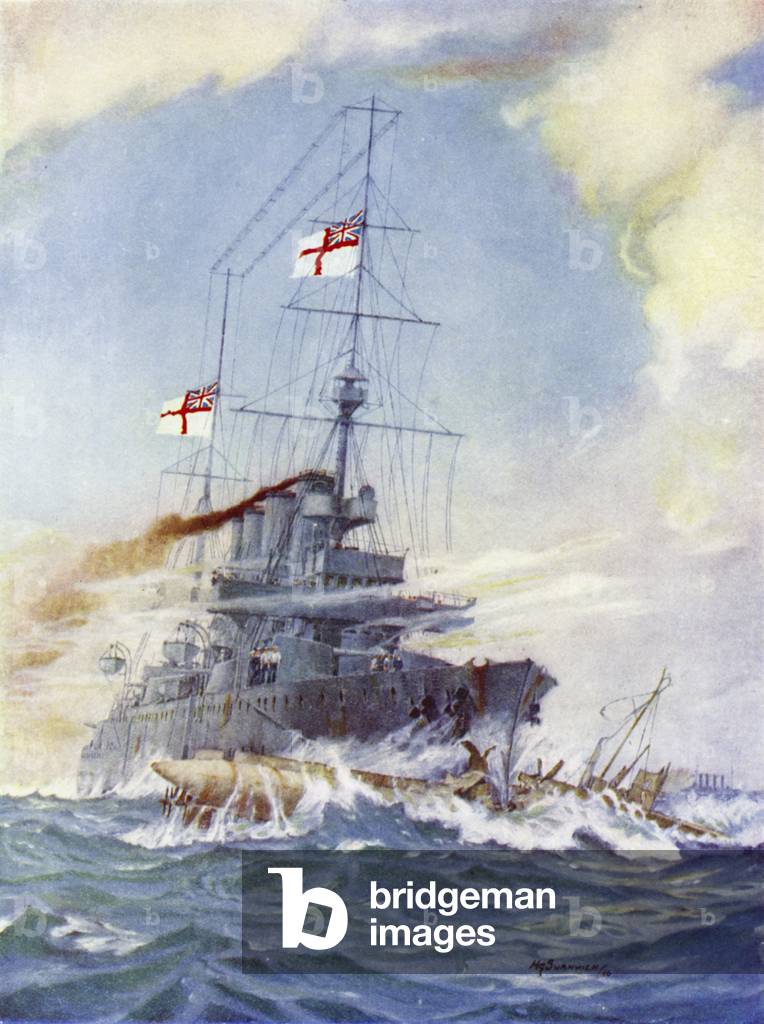 HMS Birmingham ramming the German submarine U-15, 9 August 1914 (colour litho)