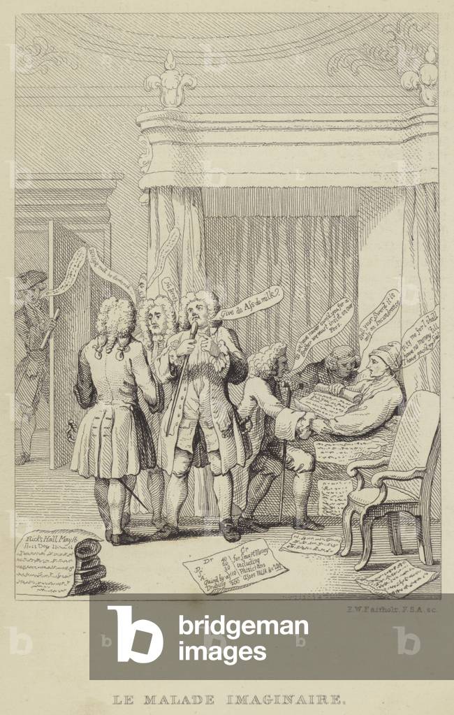 Le Malade Imaginaire: satire depicting author and botanist John Hill in bed being consulted by a range of physicians all determined to secure their fees, 1752 (engraving)