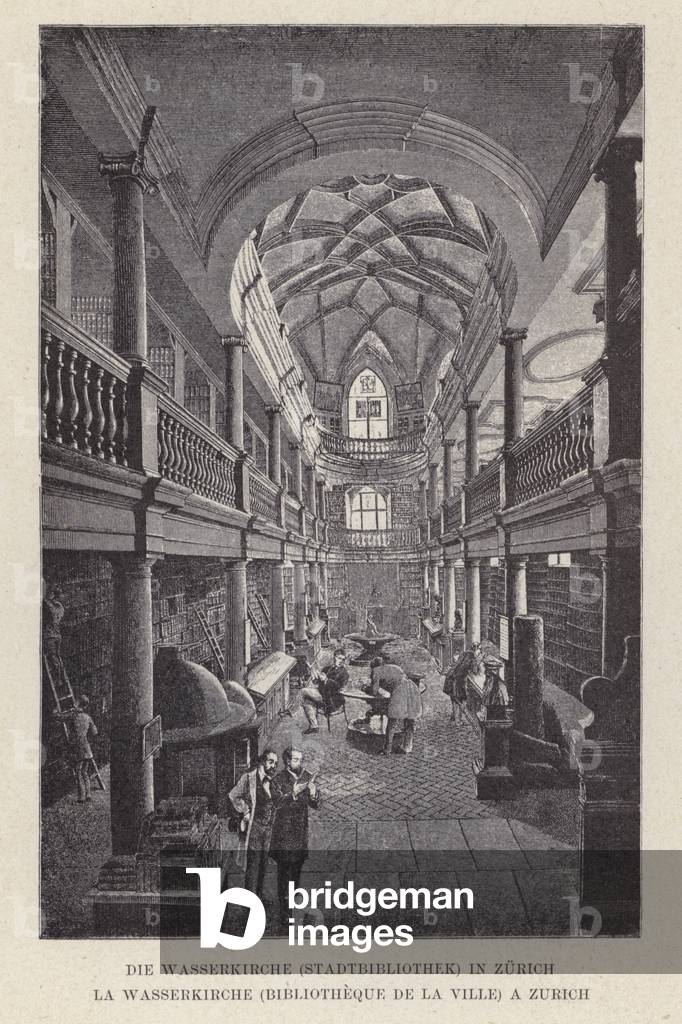 Die Wasserkirche, Stadtbibliothek, in Zurich, La Wasserkirche, Bibliotheque de la Ville, a Zurich (engraving)