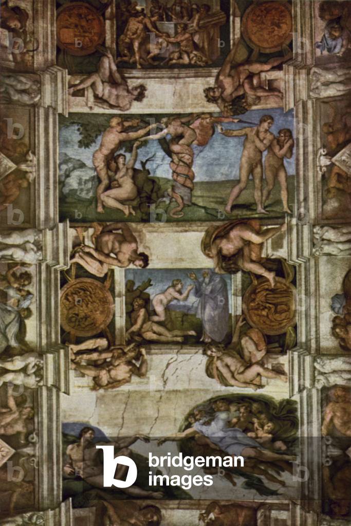 Palazzo del Vaticano, Cappella Sistina, Affresco di parte della volta, Michelangelo, Vatican Palace, Section of the Vault frescoed by Michel Angelo (colour photo)