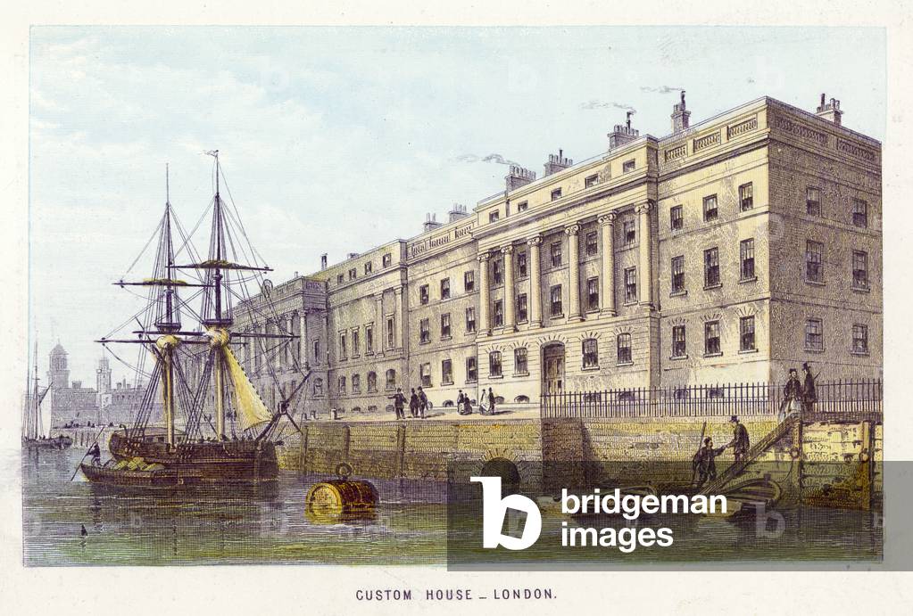 River Thames: Custom House, London (coloured engraving)