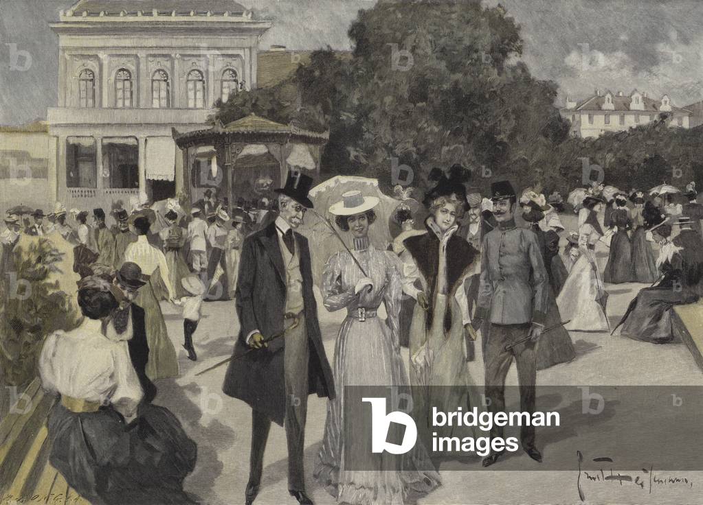 In Front of the Music Pavilion in Franzensbad (colour litho)