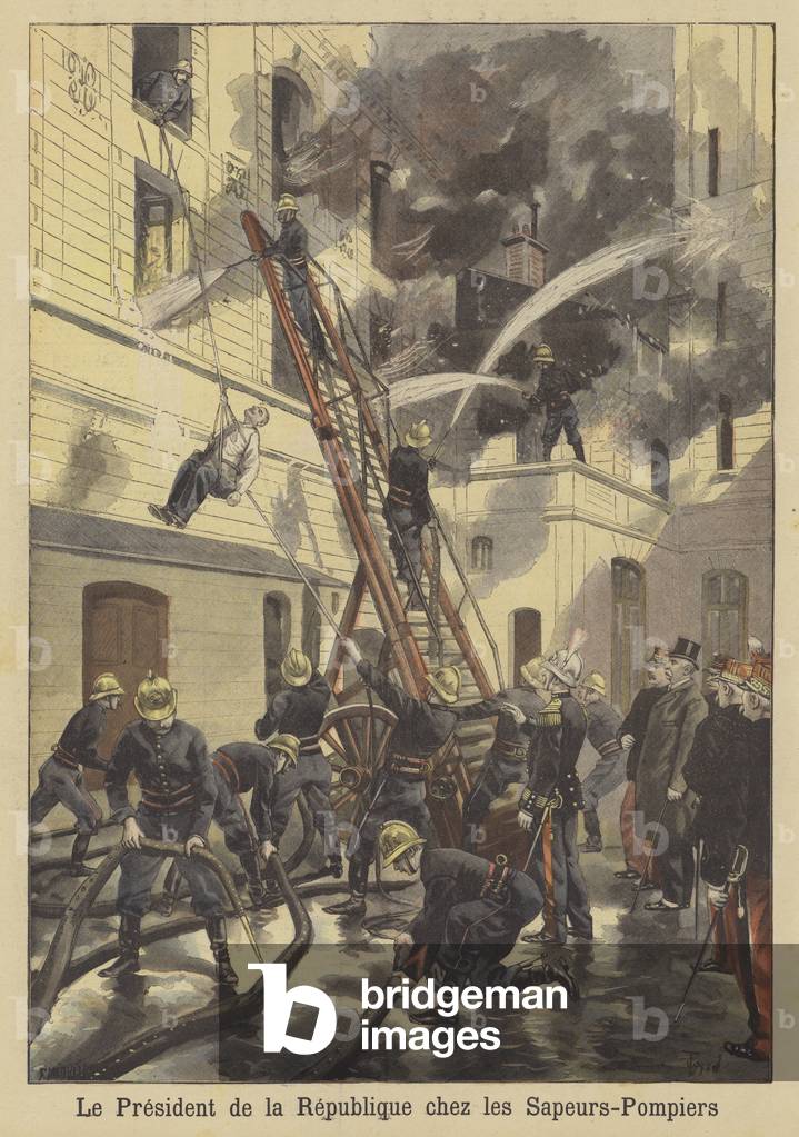 President Faure of France visiting the Fire Brigade (colour litho)