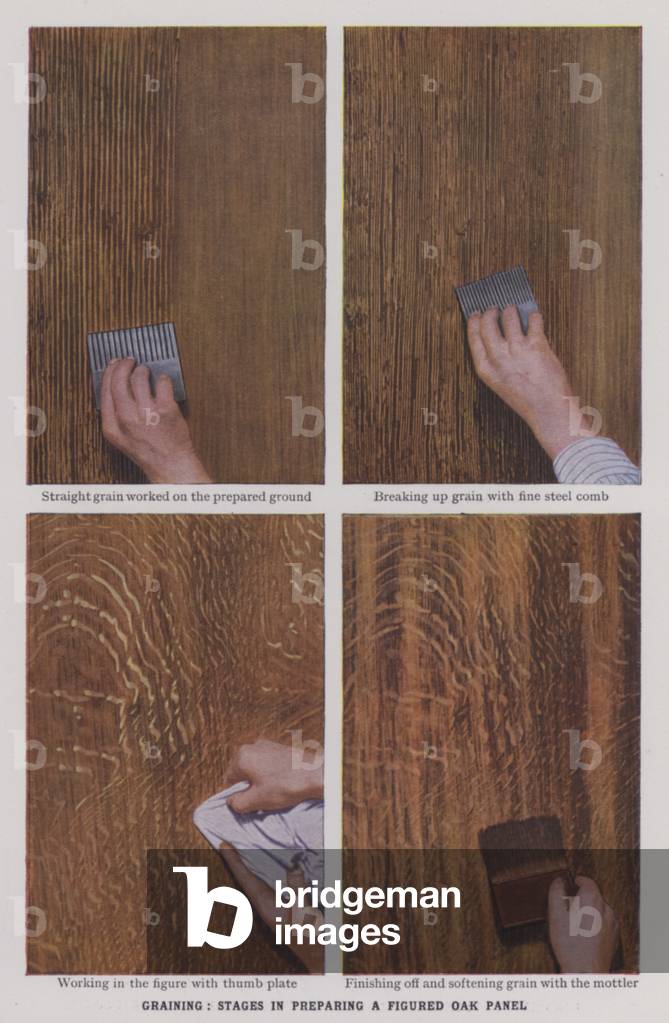 Graining, stages in preparing a figured oak panel (colour photo)