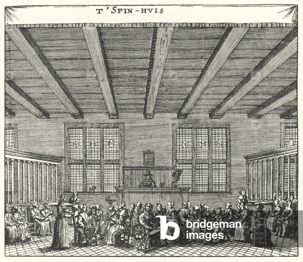 Women prisoners at the Spinhhuis in Amsterdam forced to spin as a method of correction for prostitution and other crimes (engraving)