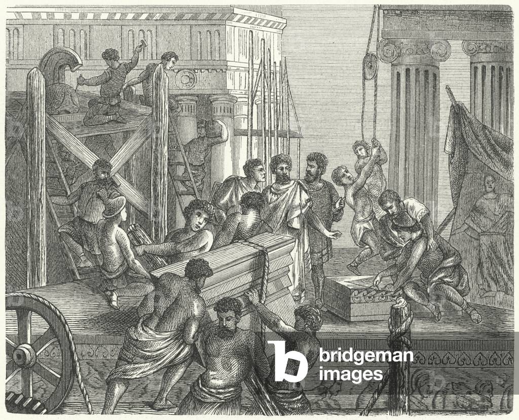 Construction of a temple on the Acropolis, Athens (engraving)