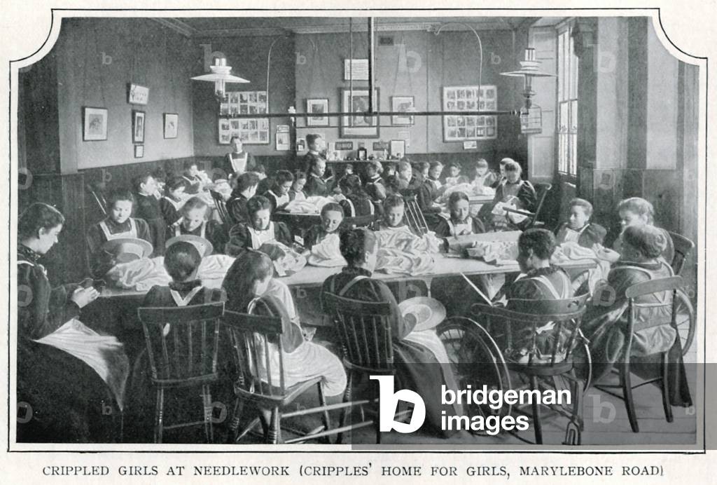 Crippled Girls at Needlework (Cripples' Home for Girls, Marylebone Road) (b/w photo)