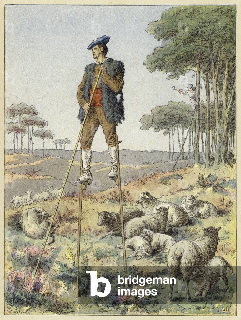 Shepherd on stilts, Landes, France (coloured engraving)