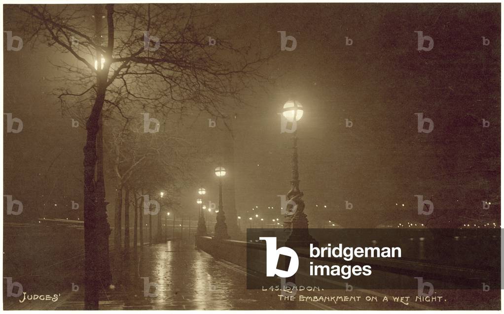 London, the Embankment on a wet night (b/w photo)