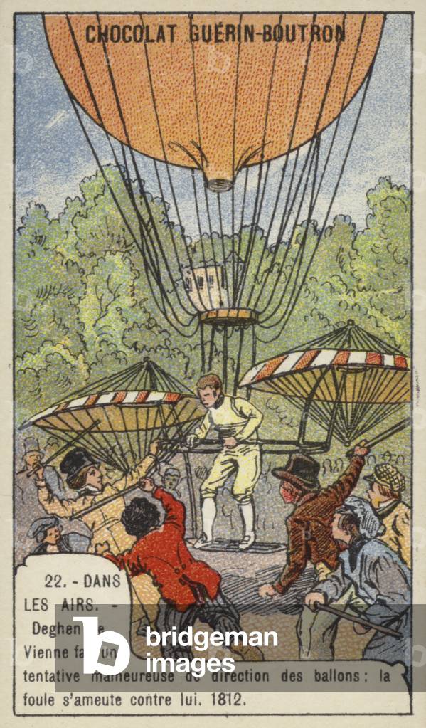 A crowd attacking Jakob Degen while he is demonstrating his flying apparatus, Paris, 1812 (chromolitho)