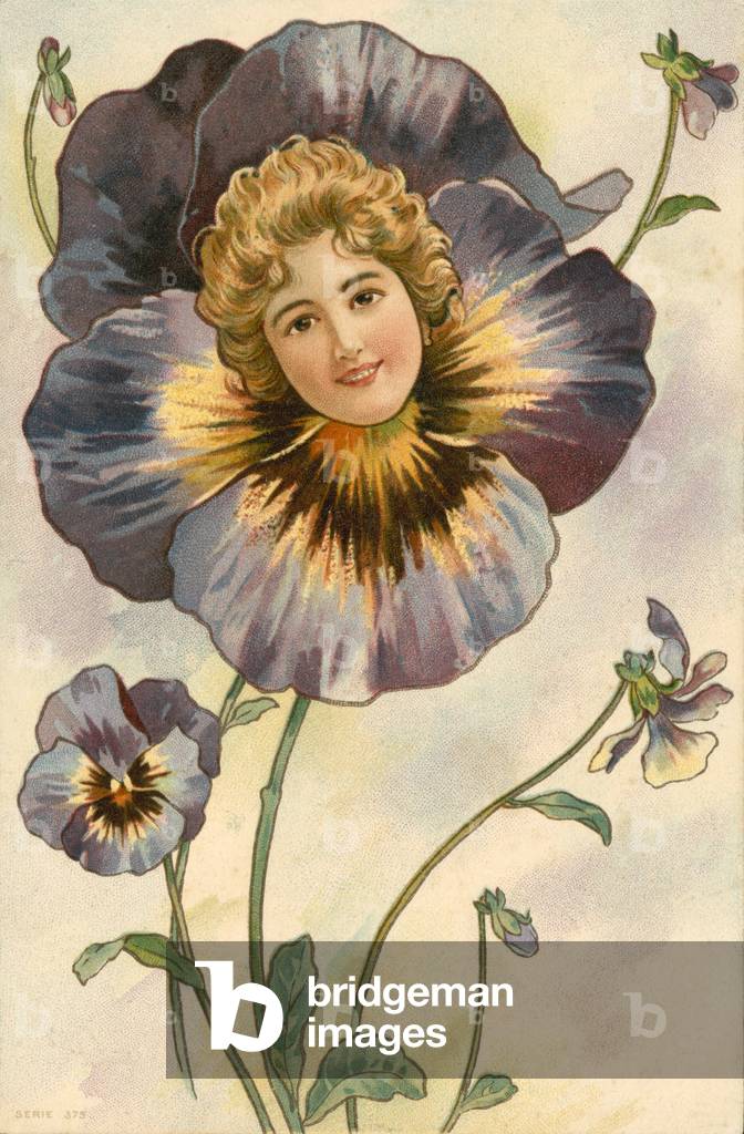 Pretty girl's face emerging from pansy (colour litho)