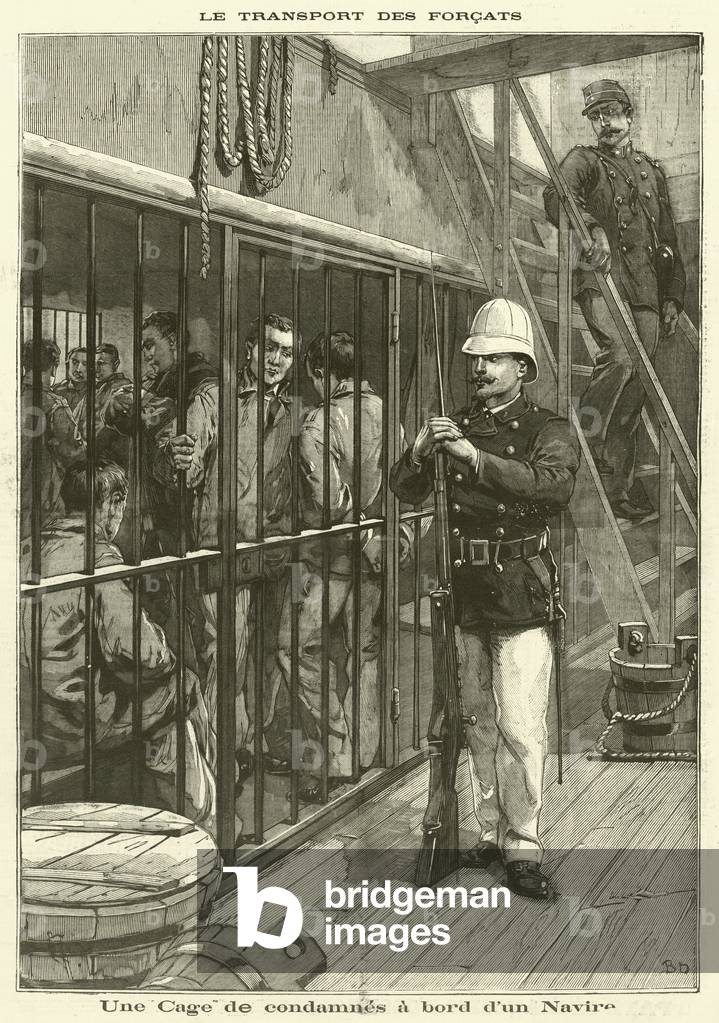 Transportation of French convicts by ship (engraving)