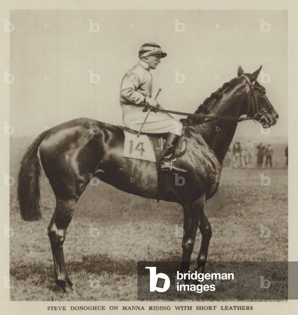 Steve Donoghue on Manna Riding with Short Leathers (b/w photo)