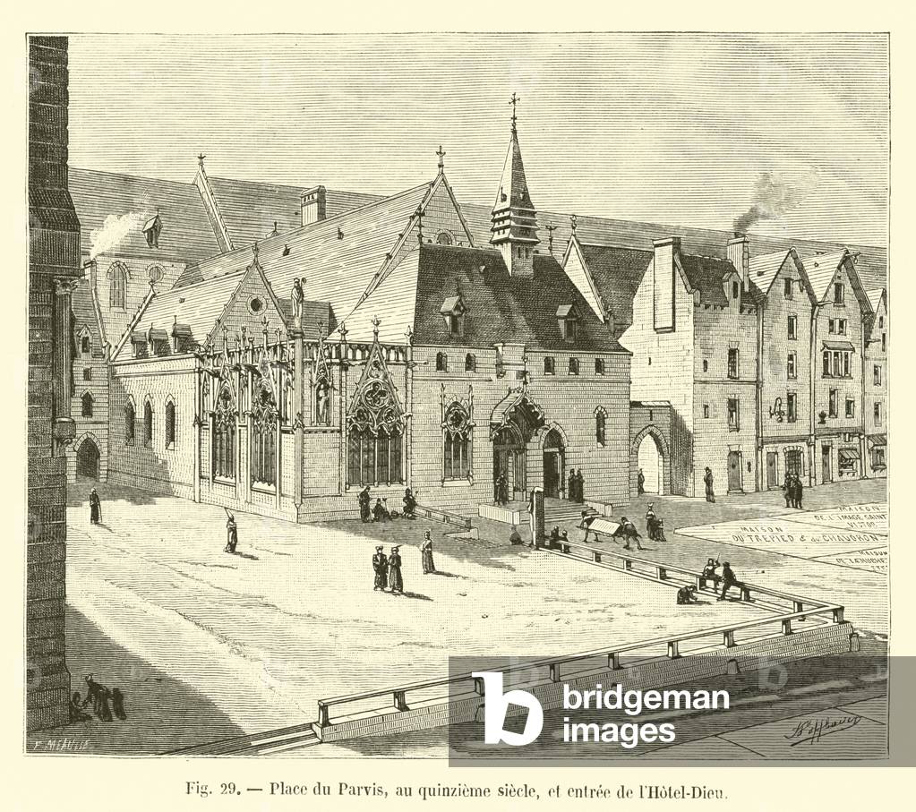Place du Parvis, au quinzieme siecle, et entree de l'Hotel-Dieu (engraving)
