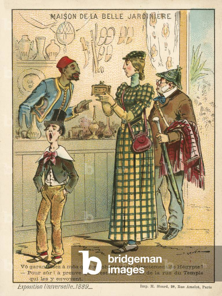 Woman examining Egyptian items, Exposition Universelle 1889, Paris (chromolitho)