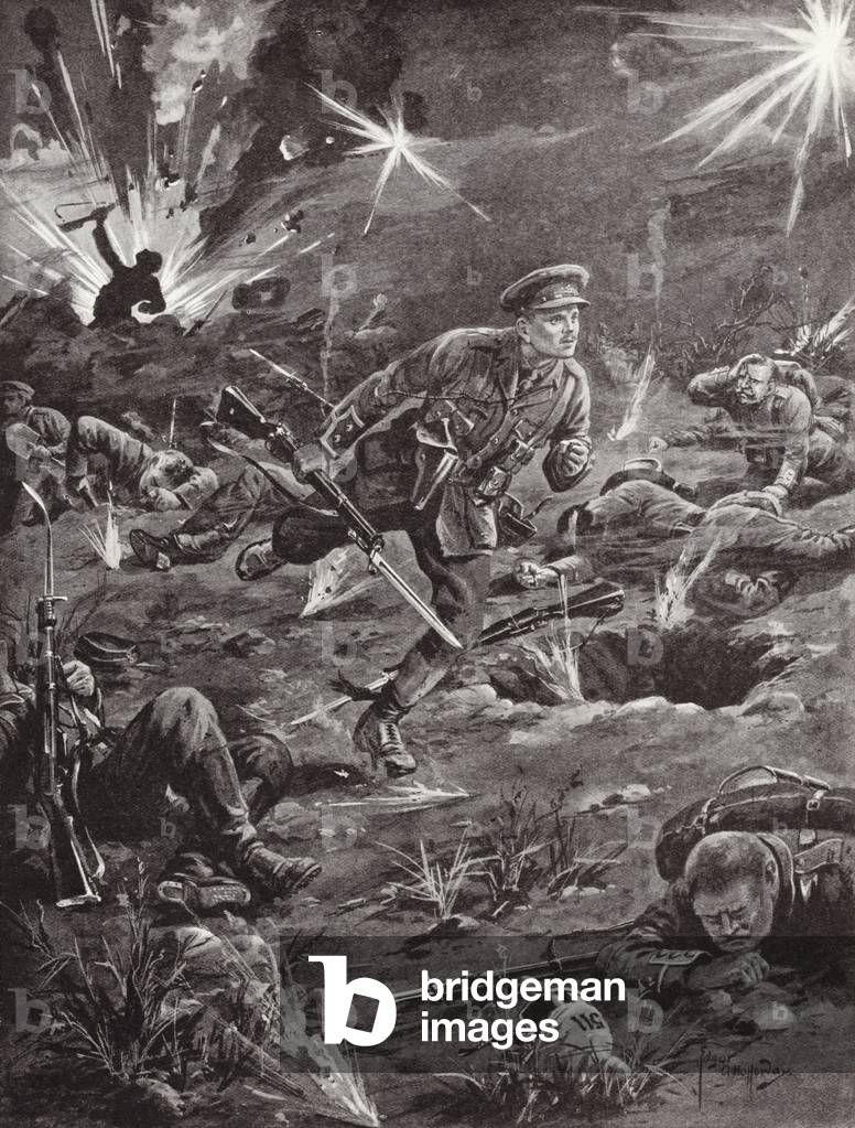 Lieutenant Benjamin Geary hurrying, under heavy shellfire, to a trench on the right of Hill 60 to get into touch with an officer, Ypres, Belgium, April 1915 (litho)